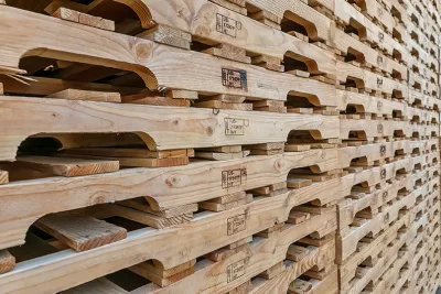 large stack of pallets with HT certified stamp