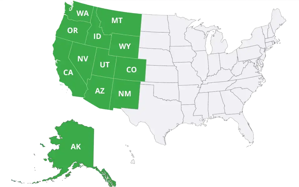 Map of the US indicating the states in which UPFP operates: WA, OR, CA, ID, NV, MT, WY, UT, AZ, CO, NM, & AK.